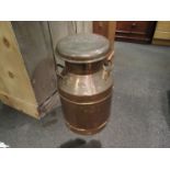 A copper 5 gallon twin handle Trowbridge Creameries lidded milk churn
