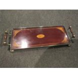 A mahogany inlaid galleried tray with twin handles,
