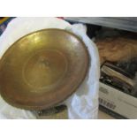 Two boxes containing plated wares, brass dish,