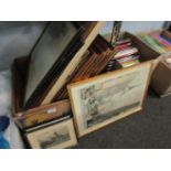 A box of pictures and prints including hunting scenes