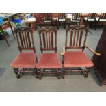 A set of Edwardian oak dining chairs with dusky pink upholstered seats (4+2),