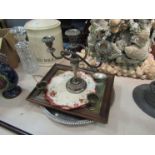 Assorted plated wares including candelabra, galleried tray, a pair of Victorian floral plates,