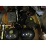 A box of assorted including mincer, bowls, goblet and dish,