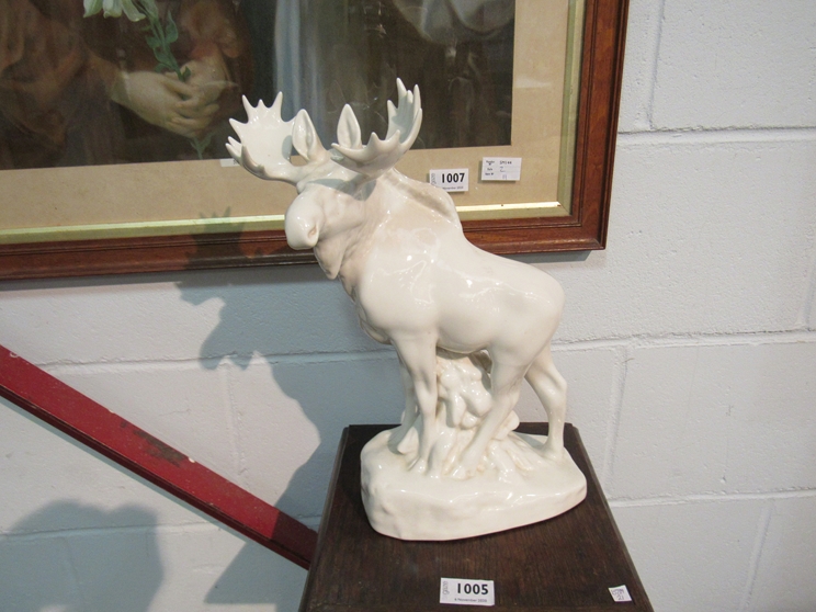 A blanc-de-chine Russian Imperial Lomonosov porcelain sculpture figure of a moose,