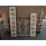 A framed and glazed floral embroidery and two others depicting agricultural subjects