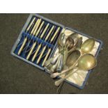 A cased set of plated fish knives and forks and other plated wares