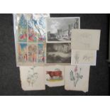 A packet of hand coloured floral prints and assorted items
