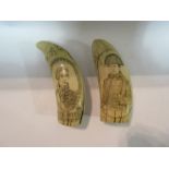 Two pieces of scrimshaw style engravings depicting Napoleon and Horatio Nelson