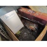 A box of boxed and loose glassware including vases, drinking glasses etc.