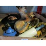 A box of ceramics including rolling pin, chalkware Alsatian,