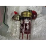 A box of miscellaneous glassware including jelly moulds, sugar sifters, optics,