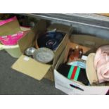 Three boxes of miscellaneous including ceramics, jelly mould, dominoes,