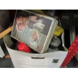 A box of miscellaneous including lamps, sewing items, buttons,