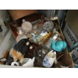 A box of miscellaneous including ceramics, glassware, straw pig, Wade dish,