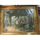 A coloured print of tavern scene, ornate gilt frame,