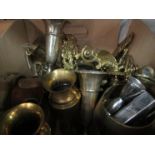 A box of miscellaneous brassware and a pair of silver plated vases,