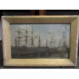 A late 19th/early 20th Century oil on board, dockyard scene with barges,