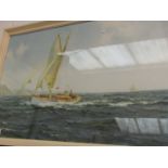 A coloured print depicting gents on a sailing vessel, framed and glazed,