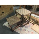 Two wooden stools with woven rattan seats