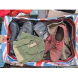 Two boxes of WWII and later miltaria including gas mask bag,