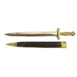 A circa 1840 French Artillery sword with brass ribbed hilt and brass mounted leather scabbard,