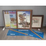 A quantity of pictures and prints including "Corporal's Mess" metal signs and WWI discharge