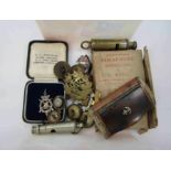 A quantity of mixed militaria collectibles including anchor inlaid snuff box,