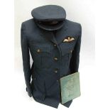 A RAF pilot's log book, service jacket, hat, photographs etc to F/O J.V.