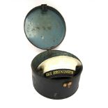 A Royal Navy tin hat box with HMS Bronington cap within.