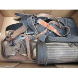 A quantity of German WWII equipment including gas mask tin,