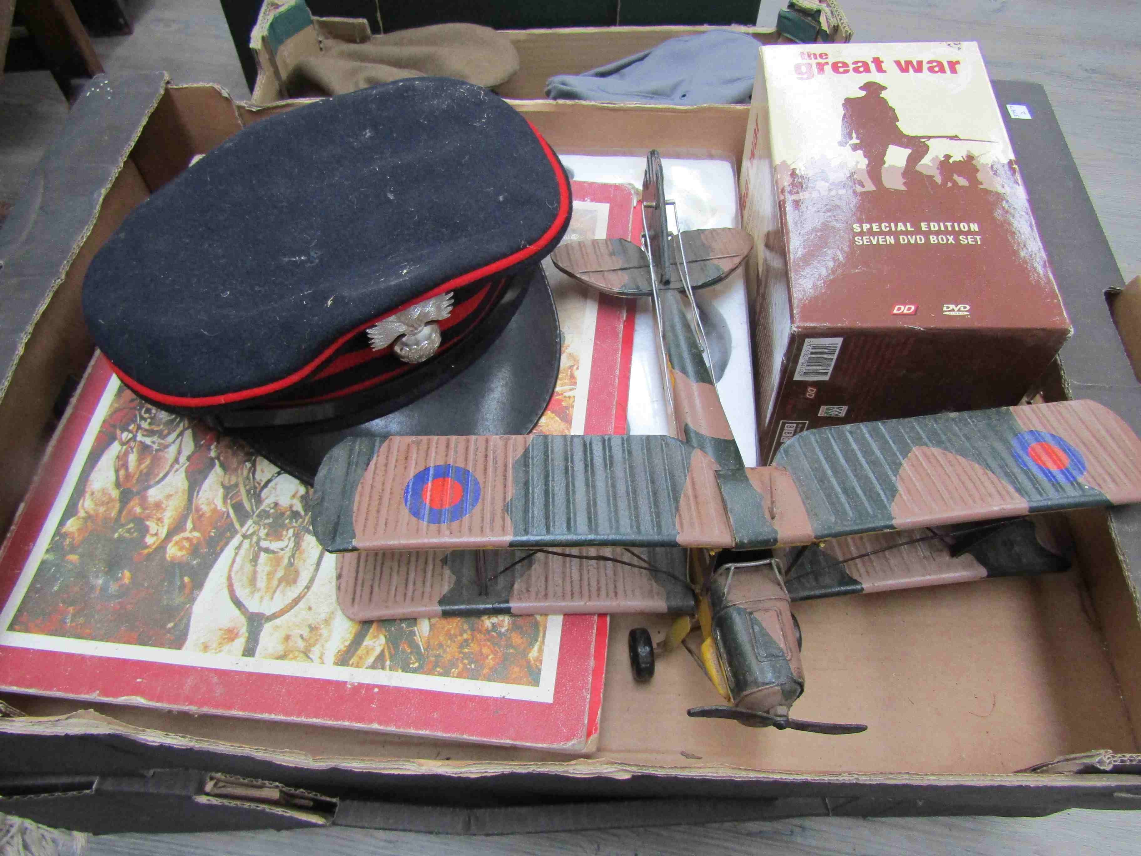 Two boxes of mixed militaria including water bottle,