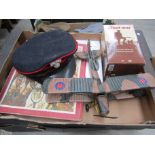Two boxes of mixed militaria including water bottle,