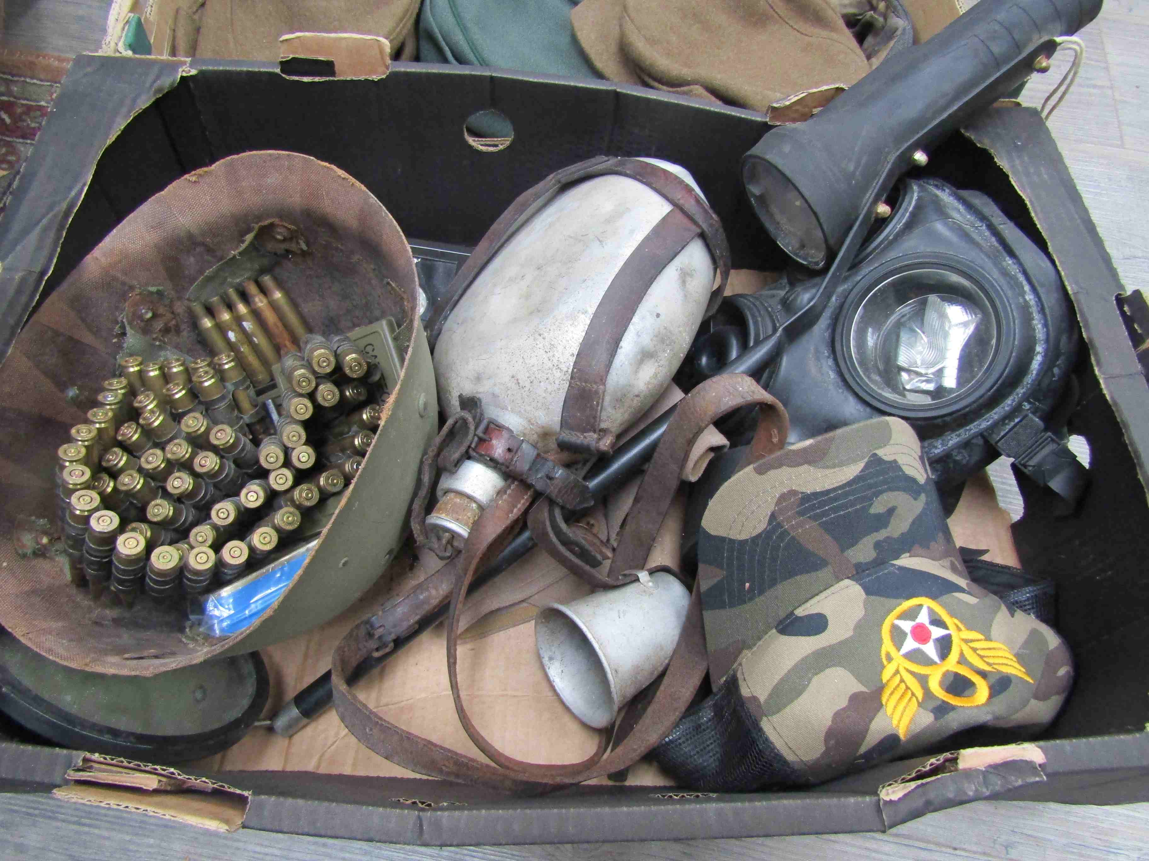 Two boxes of mixed militaria including water bottle, - Image 2 of 3