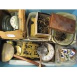 Three boxes of mixed clock movements and parts including English longcase, French drum, glasses,