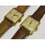 EMES: a near matching pair of gent's manual wind wristwatches, square steel and gold plated cases,