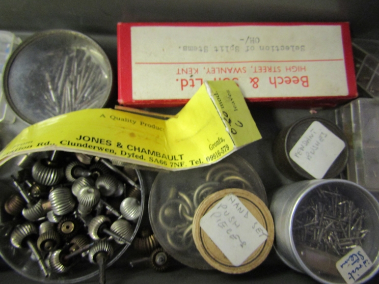 Five metal drawers of various watch parts and spares, mixed calibres, mainly stems, hands, crowns, - Image 4 of 5