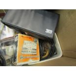 A box of mixed electrical parts and miscellaneous including motors, transistors, bench lamps,