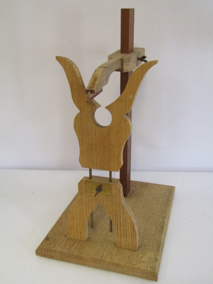 A handbuilt wooden longcase testing stand and a French pendulum clock testing stand (2)