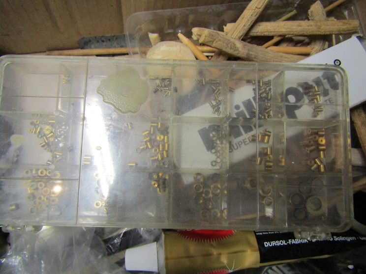 Three boxes of mixed horological raw materials/consumables including oilers, emery laps, shellac, - Image 10 of 12