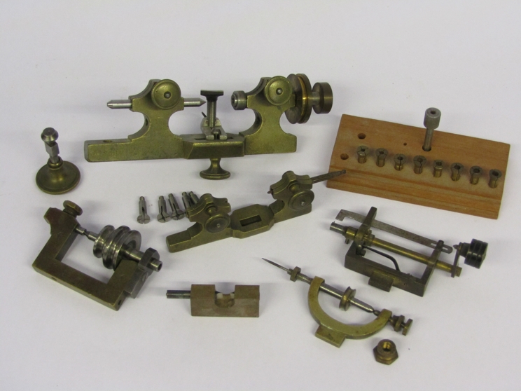 Assorted horological turns with brass and steel collets,
