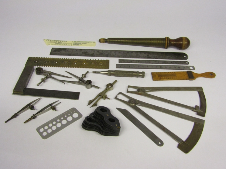 An assortment of horologist's/jeweller's marking and measuring tools including ring and stone