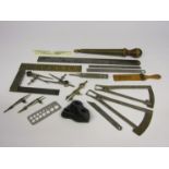 An assortment of horologist's/jeweller's marking and measuring tools including ring and stone