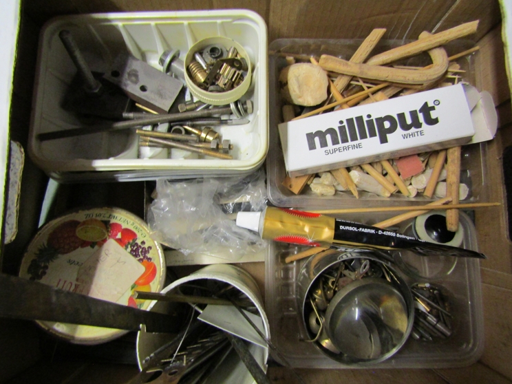 Three boxes of mixed horological raw materials/consumables including oilers, emery laps, shellac, - Image 8 of 12