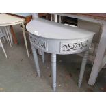 A grey painted demi-lune console side table