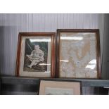 A Victorian maple framed print of the little scholar and an oak framed lace-work hall hanging