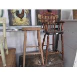 A late 19th Century American spindle back child's high chair and beech stool