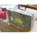 An ammo box and mixed metal wares,