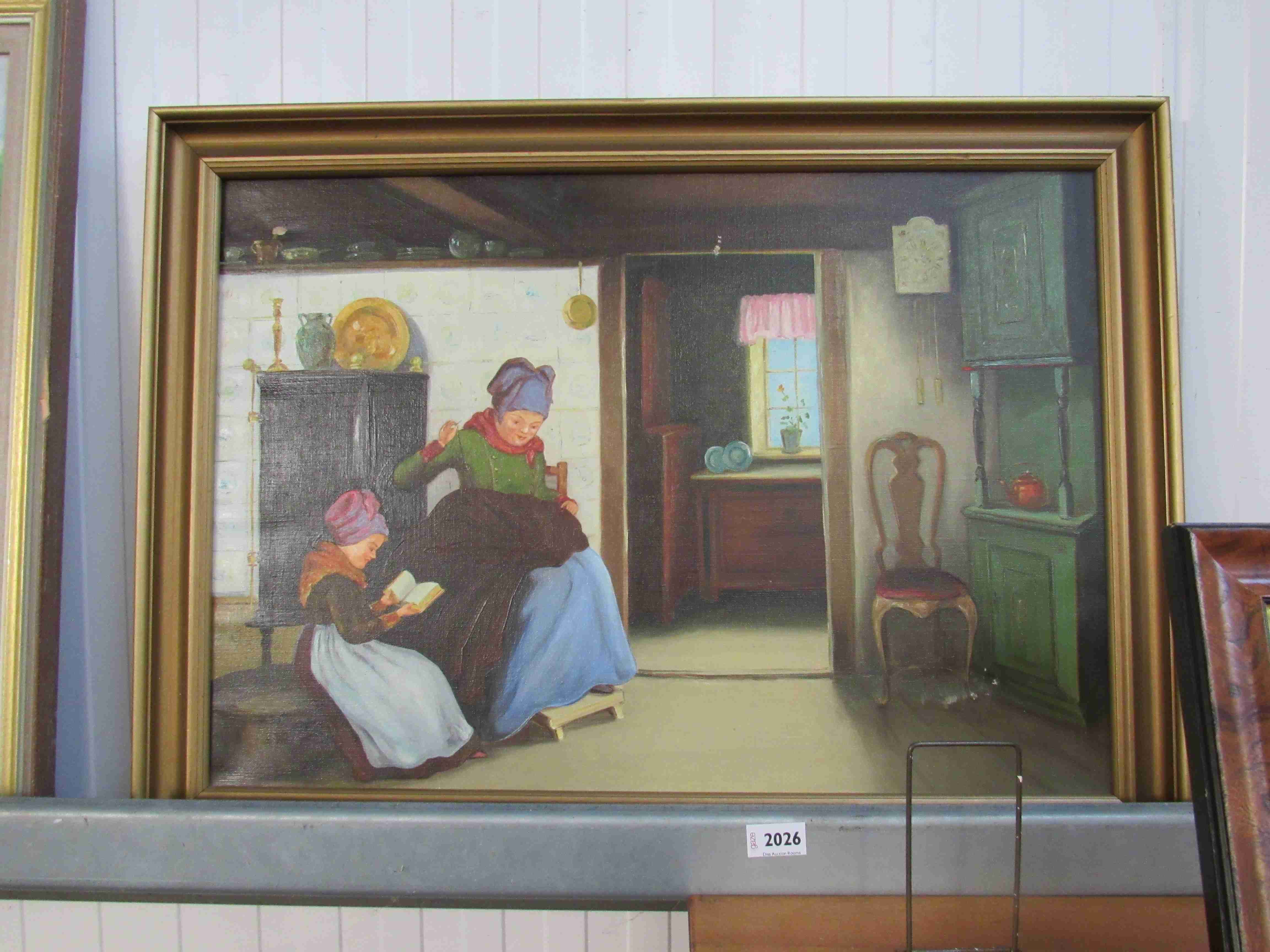 An oil painting on canvas of Dutch interior scene
