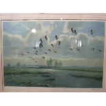 A Peter Scott signed print "Pink Feet in the Green Marshes" gallery label to verso,