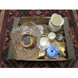 A selection of china and glass ware to include glass basket, a patch box lid of boy with dog,